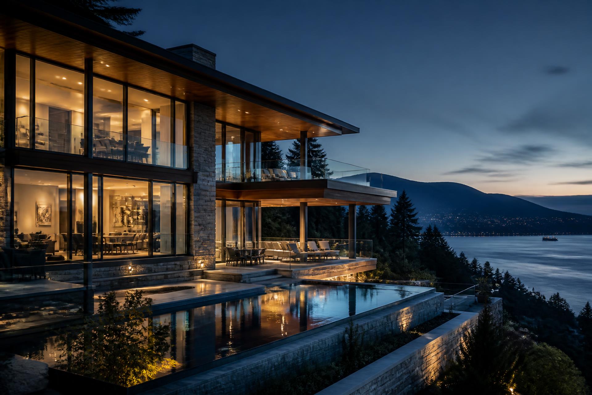 Luxury West Vancouver hillside estate at dusk overlooking the ocean
